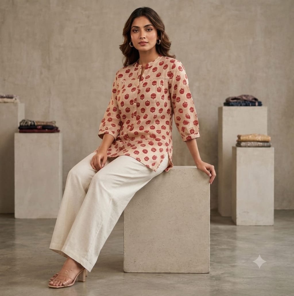 Nirvana Floral Block-Print Cotton Tunic Shirt (LM2609) - Image 2