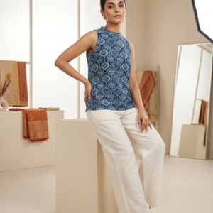 Nirvana Indigo Geometric Block-Print Short Kurti