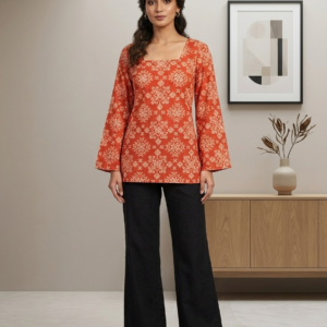 Meera Rust Geometric Lace-Back Tunic Trousers Set