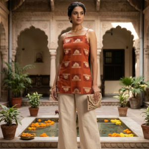 Charu Rust Lace-Back Block Printed Short Tunic Set