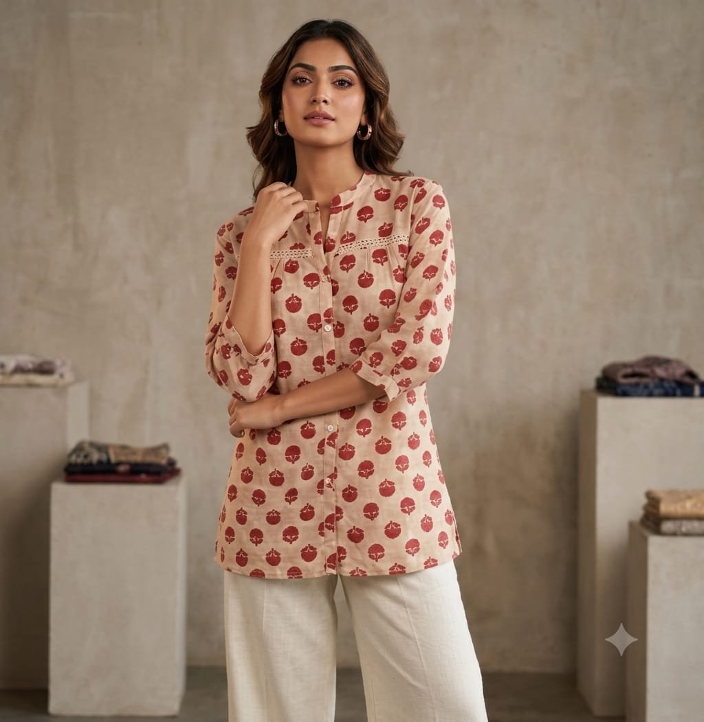 Nirvana Floral Block-Print Cotton Tunic Shirt (LM2609)