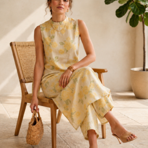 Veda Butter Yellow Rose Kurta Pant Set