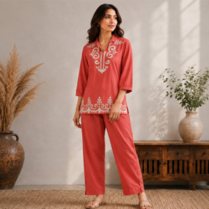 Maya Terracotta Ethnic Print Short Kurti Co-ord Set